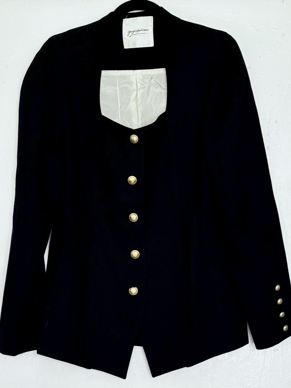 Georges Marciano Vintage Black 100% Wool Fitted Blazer Gold Buttons Size 14